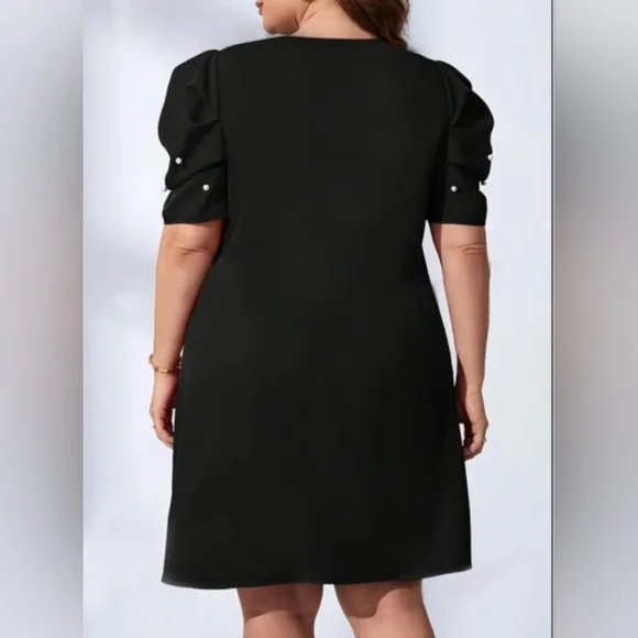 Black Puff Sleeve Dress with Beaded Pearl Accents - Picture 2 of 11